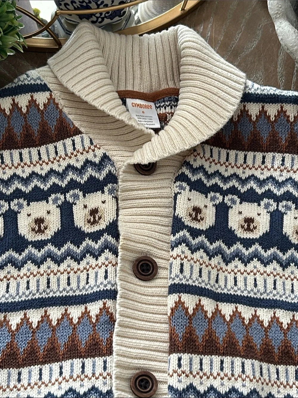 Gymboree Cozy Cream & Blue Fair Isle Teddy Bear Button Cardigan